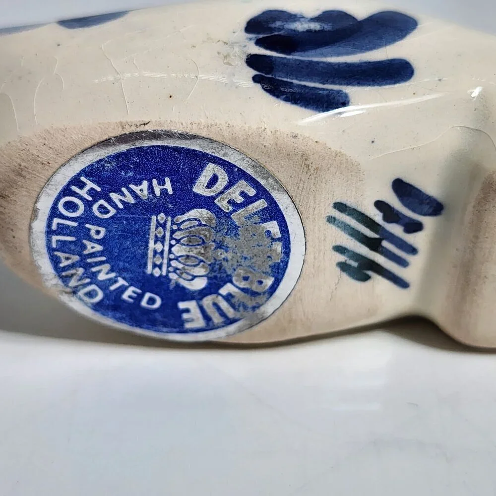 Vintage Delft Blue Cream and-Painted Ceramic Dutch Clog Shoe Figurine